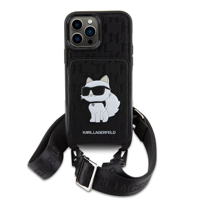 iPhone 14 Pro Max Kılıf Karl Lagerfeld Boyun Askılı Kartlıklı Choupette Dizayn Kapak