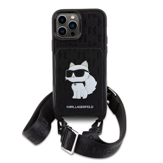 iPhone 14 Pro Max Kılıf Karl Lagerfeld Boyun Askılı Kartlıklı Choupette Dizayn Kapak