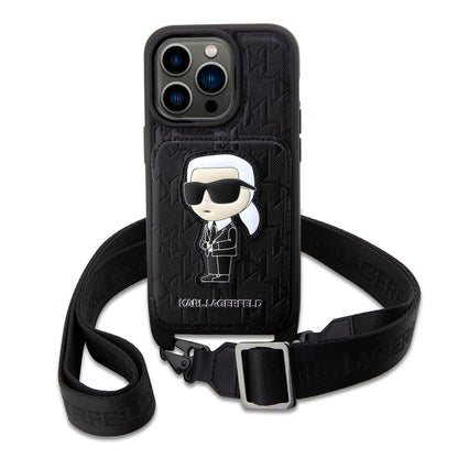 iPhone 14 Pro Max Kılıf Karl Lagerfeld Boyun Askılı Kartlıklı Karl Dizayn Kapak