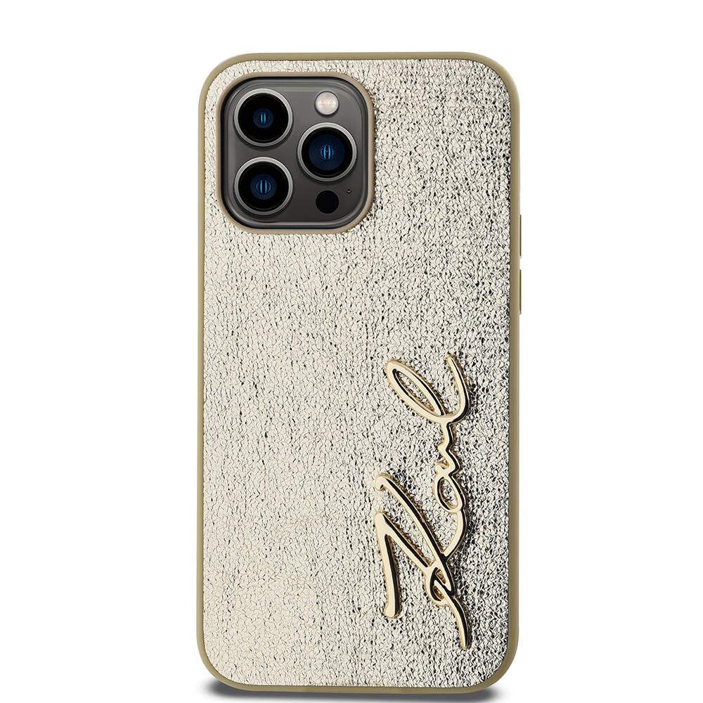 iPhone 14 Pro Max Kılıf Karl Lagerfeld Orjinal Lisanslı 3D KL Yazılı Tüylü Arka Yüzey Saffiano Rhinestones Kapak