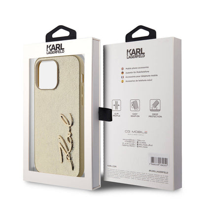 iPhone 14 Pro Max Kılıf Karl Lagerfeld Orjinal Lisanslı 3D KL Yazılı Tüylü Arka Yüzey Saffiano Rhinestones Kapak