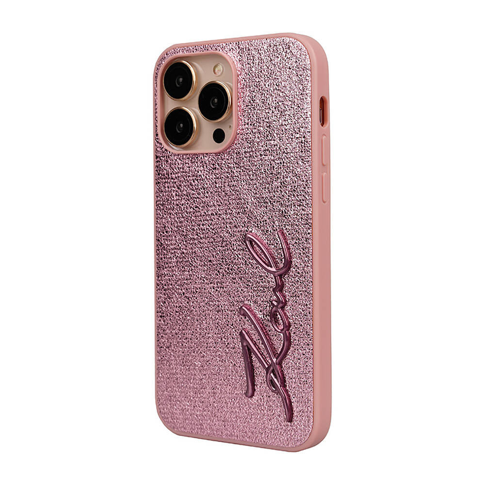 iPhone 14 Pro Max Kılıf Karl Lagerfeld Orjinal Lisanslı 3D KL Yazılı Tüylü Arka Yüzey Saffiano Rhinestones Kapak