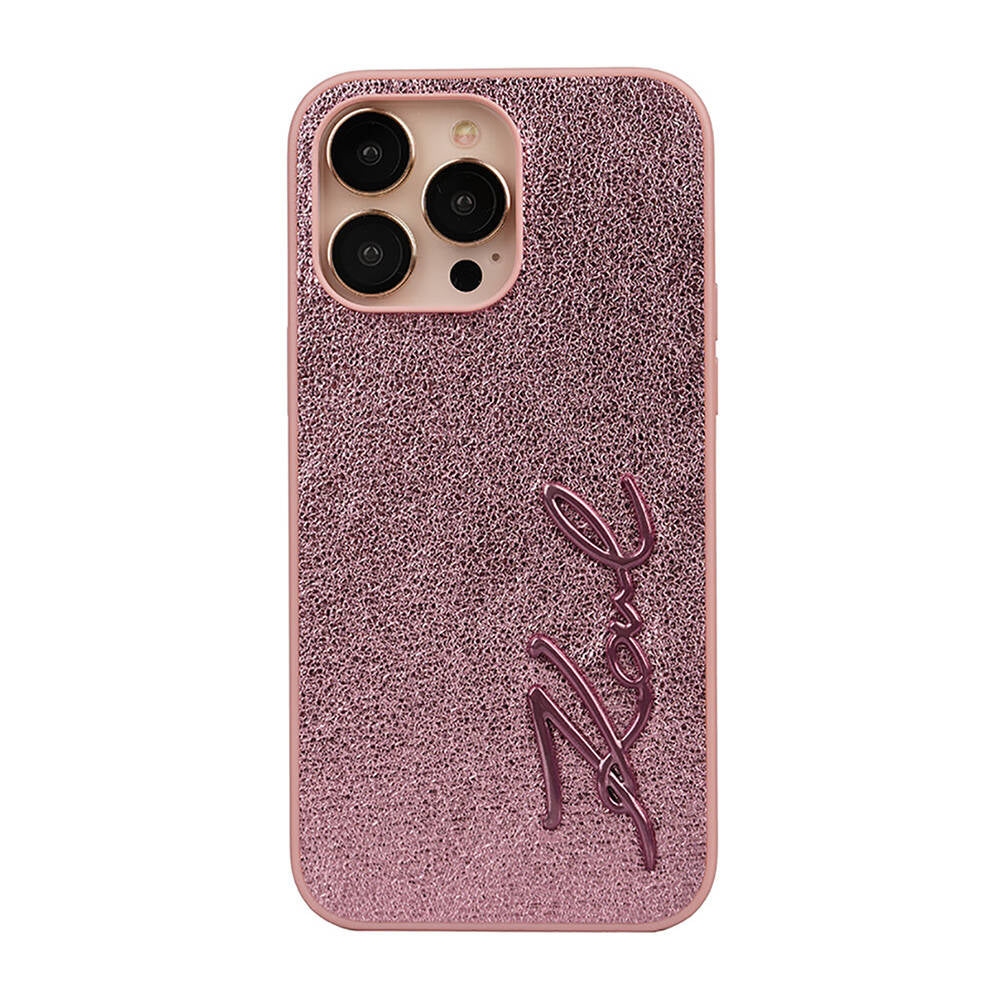 iPhone 14 Pro Max Kılıf Karl Lagerfeld Orjinal Lisanslı 3D KL Yazılı Tüylü Arka Yüzey Saffiano Rhinestones Kapak