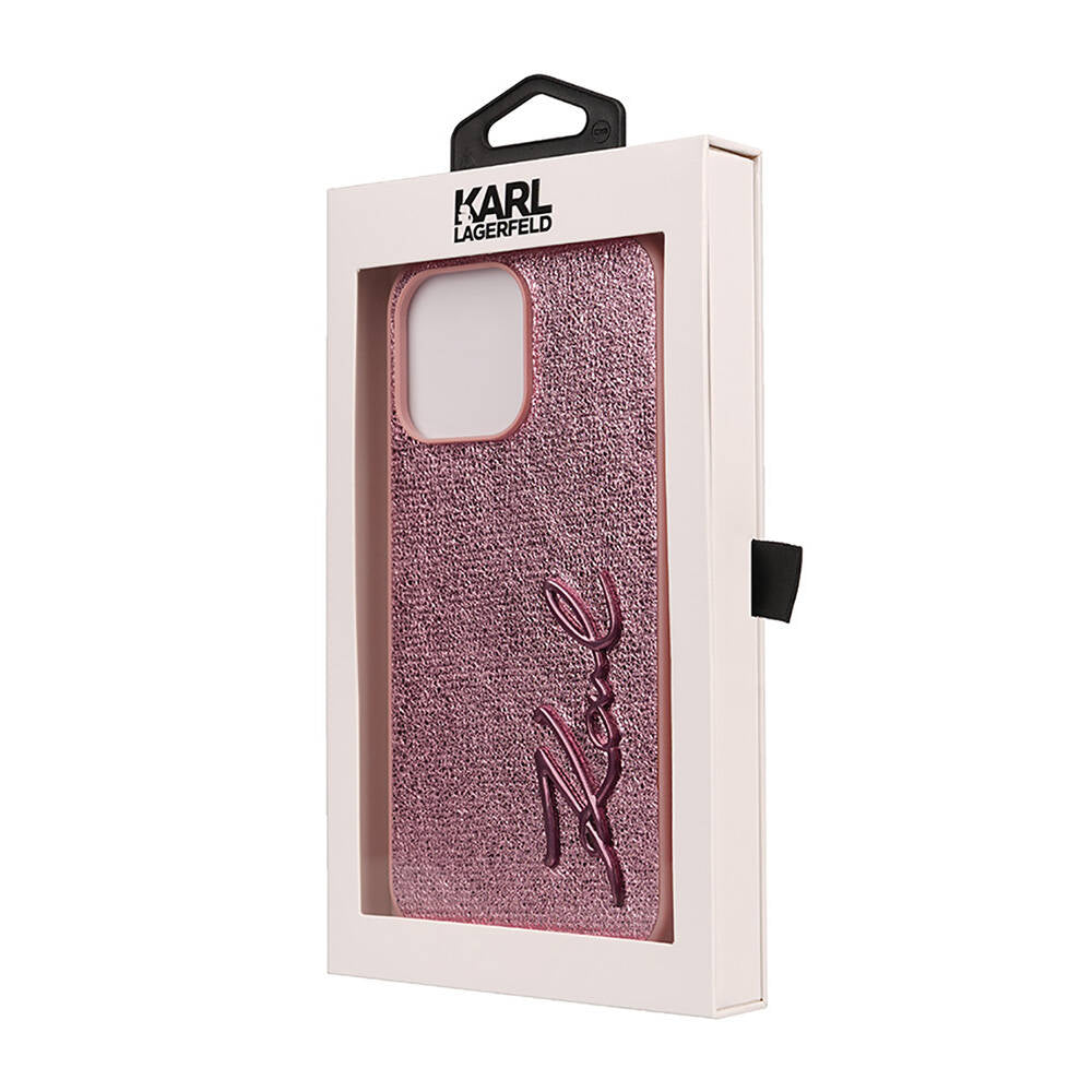 iPhone 14 Pro Max Kılıf Karl Lagerfeld Orjinal Lisanslı 3D KL Yazılı Tüylü Arka Yüzey Saffiano Rhinestones Kapak