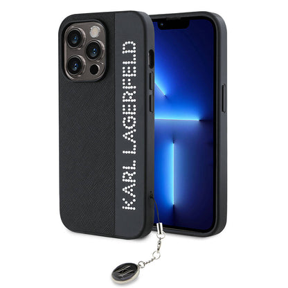 iPhone 14 Pro Max Kılıf Karl Lagerfeld Orjinal Lisanslı Anahtarlıklı Taşlı KL Yazılı Saffiano Rhinestones Kapak