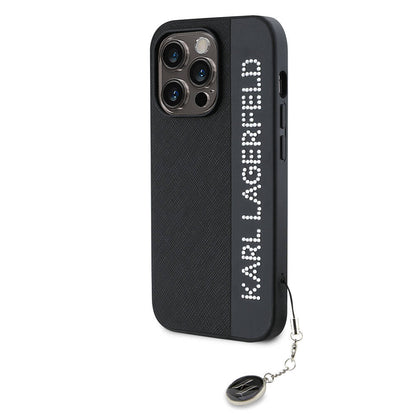 iPhone 14 Pro Max Kılıf Karl Lagerfeld Orjinal Lisanslı Anahtarlıklı Taşlı KL Yazılı Saffiano Rhinestones Kapak