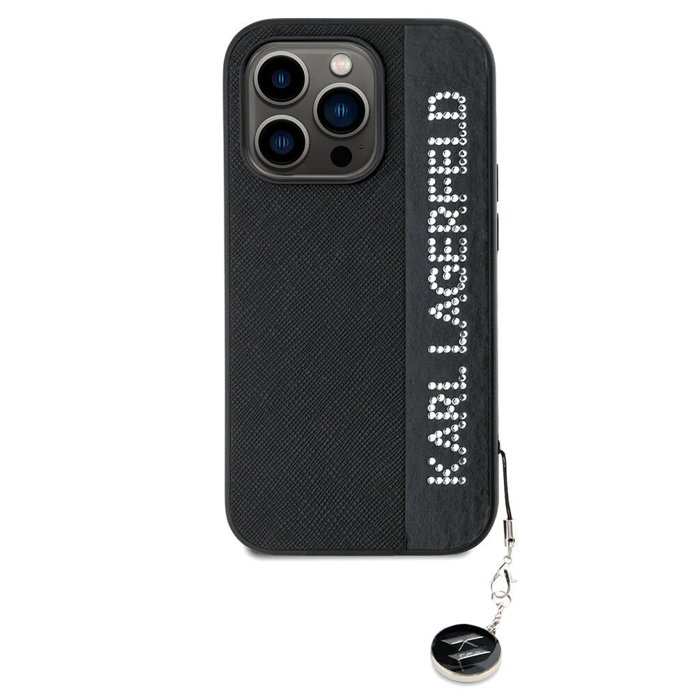 iPhone 14 Pro Max Kılıf Karl Lagerfeld Orjinal Lisanslı Anahtarlıklı Taşlı KL Yazılı Saffiano Rhinestones Kapak