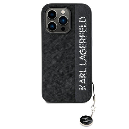 iPhone 14 Pro Max Kılıf Karl Lagerfeld Orjinal Lisanslı Anahtarlıklı Taşlı KL Yazılı Saffiano Rhinestones Kapak