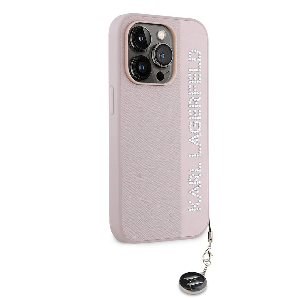 iPhone 14 Pro Max Kılıf Karl Lagerfeld Orjinal Lisanslı Anahtarlıklı Taşlı KL Yazılı Saffiano Rhinestones Kapak
