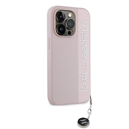iPhone 14 Pro Max Kılıf Karl Lagerfeld Orjinal Lisanslı Anahtarlıklı Taşlı KL Yazılı Saffiano Rhinestones Kapak