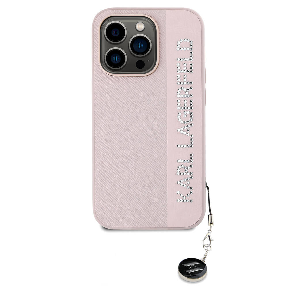 iPhone 14 Pro Max Kılıf Karl Lagerfeld Orjinal Lisanslı Anahtarlıklı Taşlı KL Yazılı Saffiano Rhinestones Kapak
