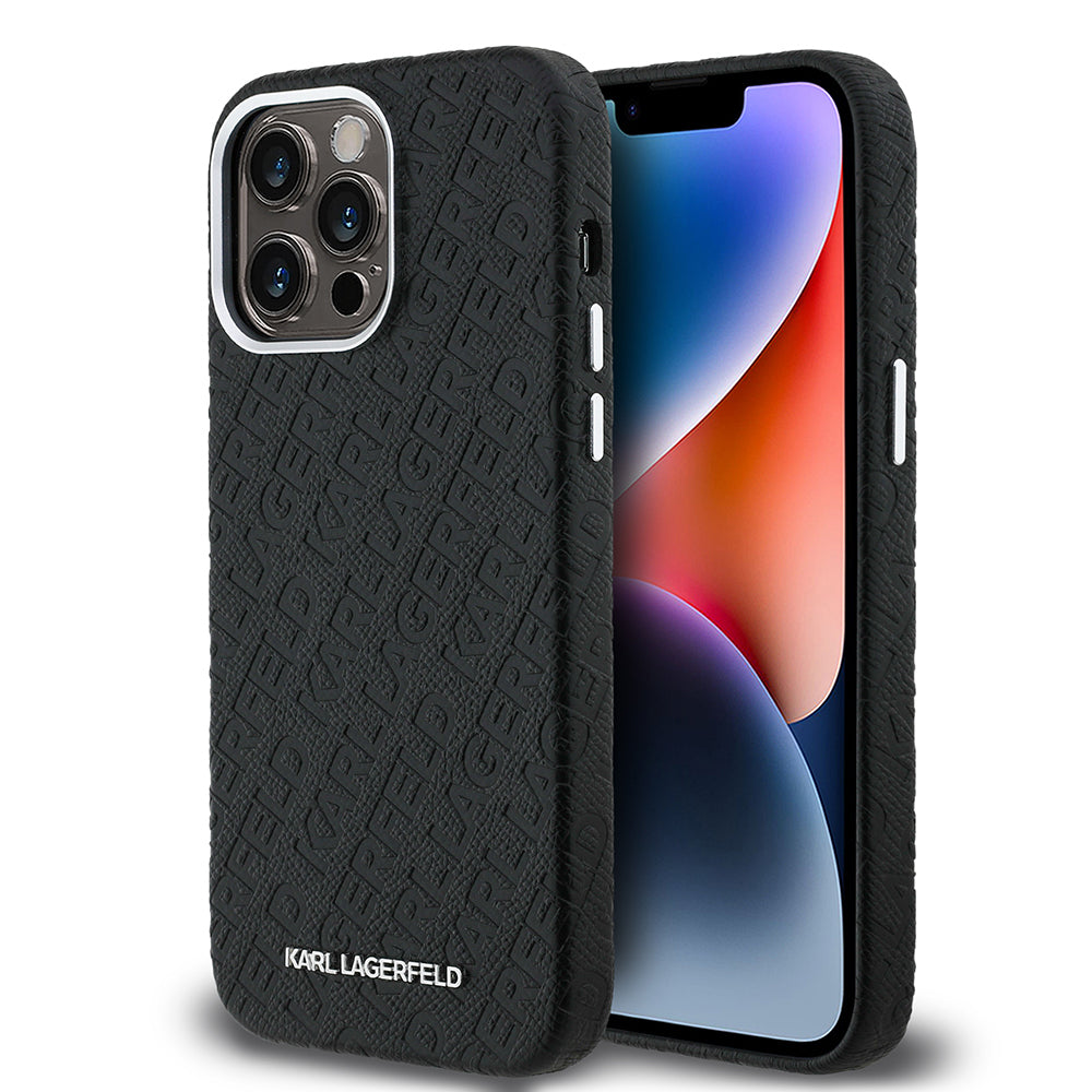 iPhone 14 Pro Max Kılıf Karl Lagerfeld Orjinal Lisanslı PU Deri Damgalı Metal Yazı Logolu Kapak