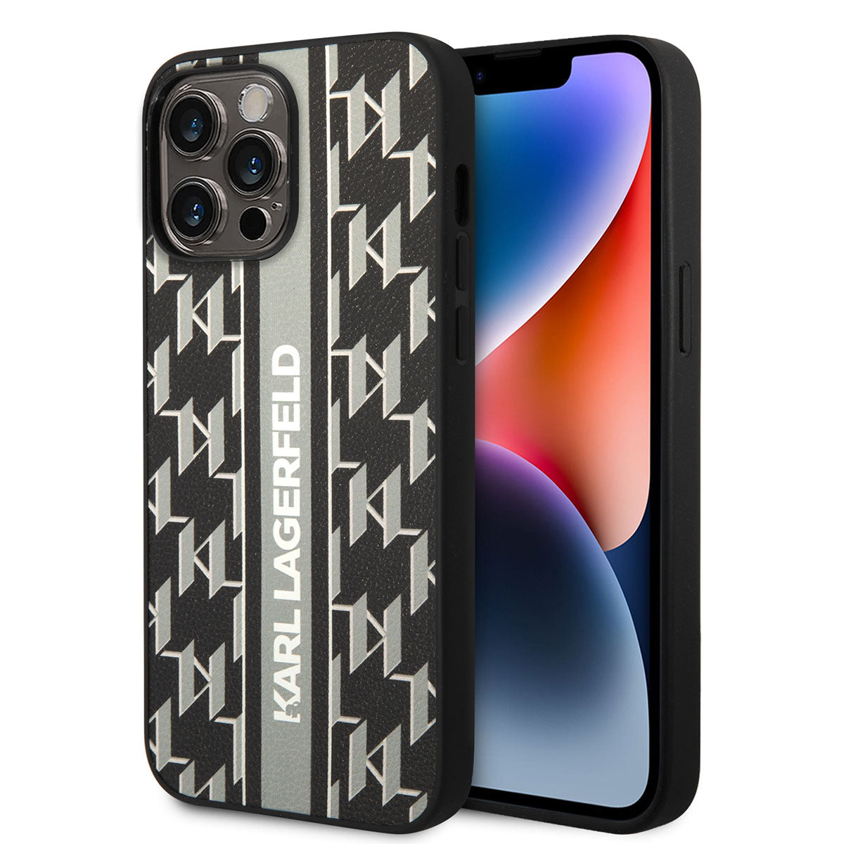 iPhone 14 Pro Max Kılıf Karl Lagerfeld PU Suni Deri Şerit Dizayn Kapak