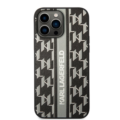 iPhone 14 Pro Max Kılıf Karl Lagerfeld PU Suni Deri Şerit Dizayn Kapak