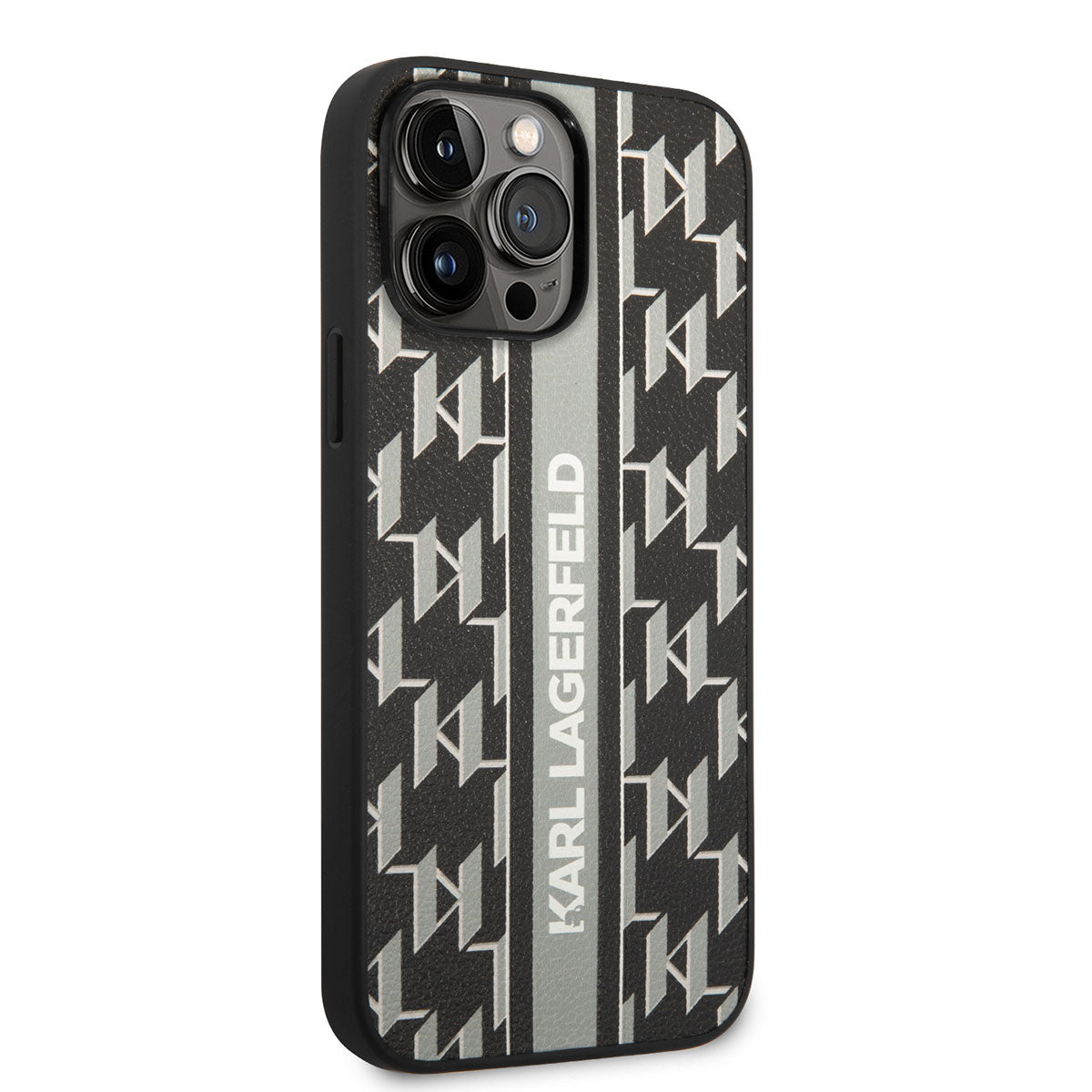 iPhone 14 Pro Max Kılıf Karl Lagerfeld PU Suni Deri Şerit Dizayn Kapak