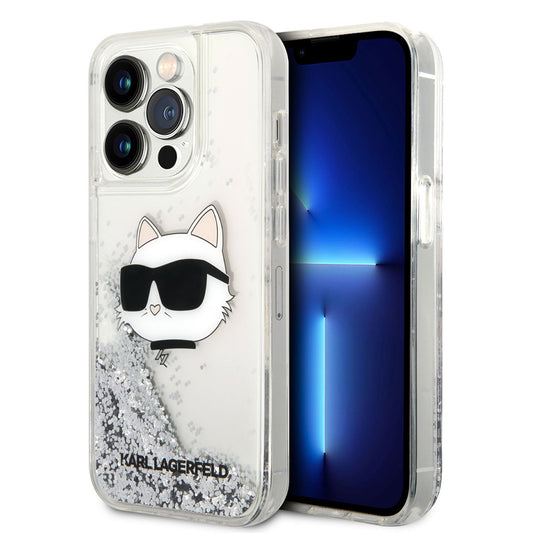 iPhone 14 Pro Max Kılıf Karl Lagerfeld Sıvılı Simli Choupette Head Dizayn Kapak