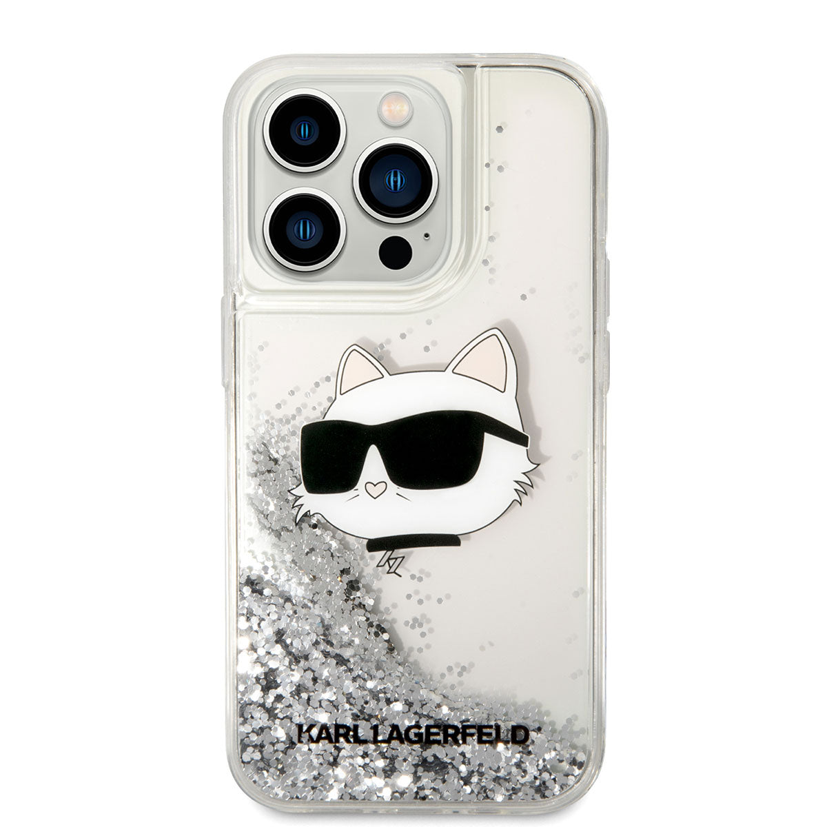 iPhone 14 Pro Max Kılıf Karl Lagerfeld Sıvılı Simli Choupette Head Dizayn Kapak
