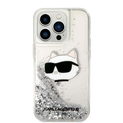 iPhone 14 Pro Max Kılıf Karl Lagerfeld Sıvılı Simli Choupette Head Dizayn Kapak