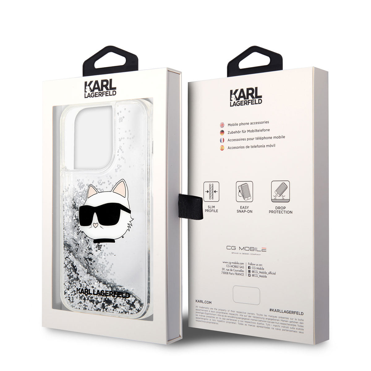 iPhone 14 Pro Max Kılıf Karl Lagerfeld Sıvılı Simli Choupette Head Dizayn Kapak