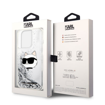 iPhone 14 Pro Max Kılıf Karl Lagerfeld Sıvılı Simli Choupette Head Dizayn Kapak