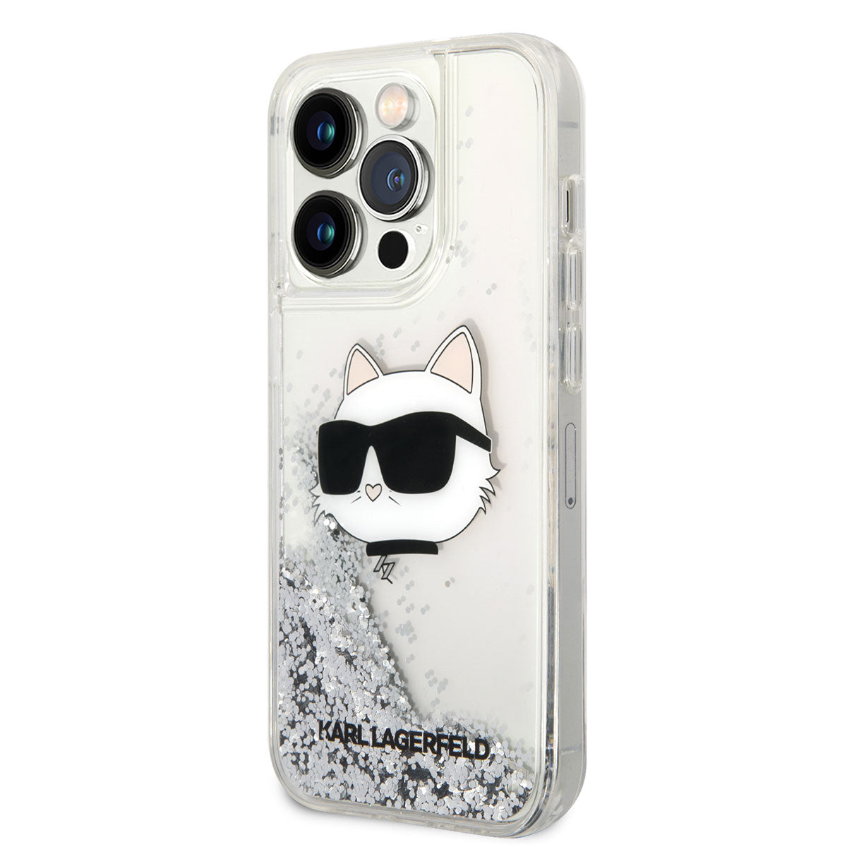 iPhone 14 Pro Max Kılıf Karl Lagerfeld Sıvılı Simli Choupette Head Dizayn Kapak
