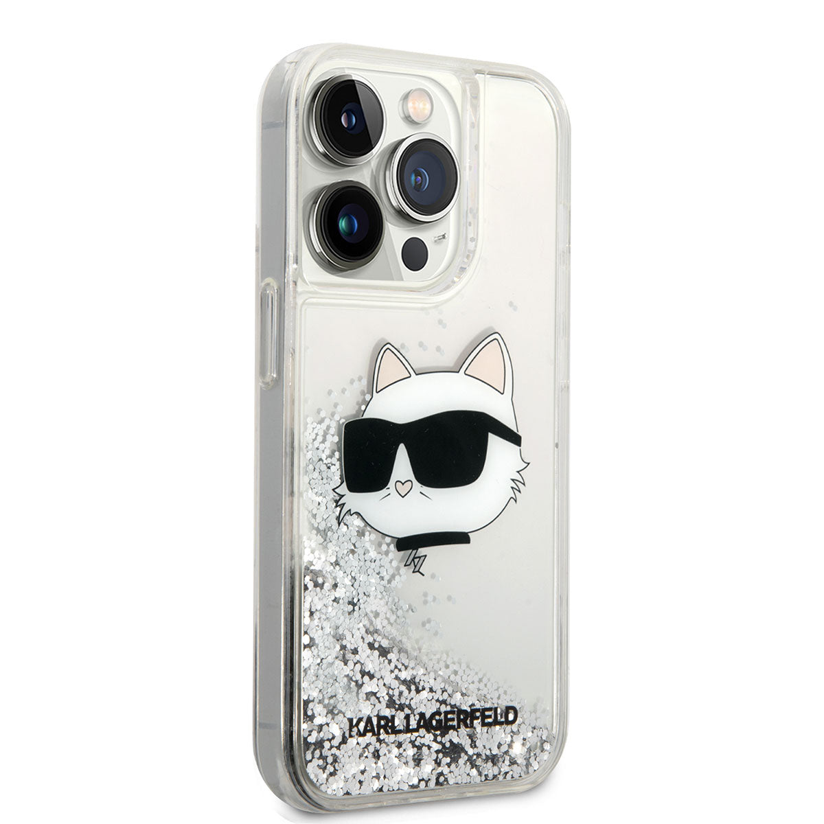 iPhone 14 Pro Max Kılıf Karl Lagerfeld Sıvılı Simli Choupette Head Dizayn Kapak