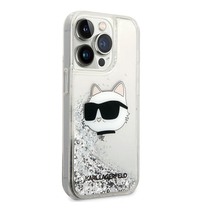 iPhone 14 Pro Max Kılıf Karl Lagerfeld Sıvılı Simli Choupette Head Dizayn Kapak
