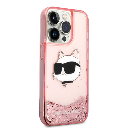 iPhone 14 Pro Max Kılıf Karl Lagerfeld Sıvılı Simli Choupette Head Dizayn Kapak