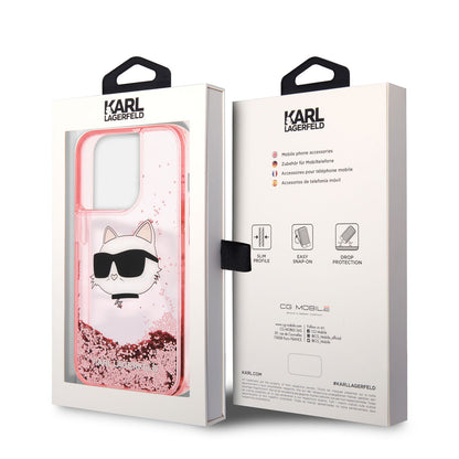 iPhone 14 Pro Max Kılıf Karl Lagerfeld Sıvılı Simli Choupette Head Dizayn Kapak