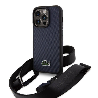 iPhone 14 Pro Max Kılıf Lacoste Orjinal Lisanslı PU Pike Desenli Arka Yüzey Askılı İkonik Timsah Dokuma Logolu Kapak