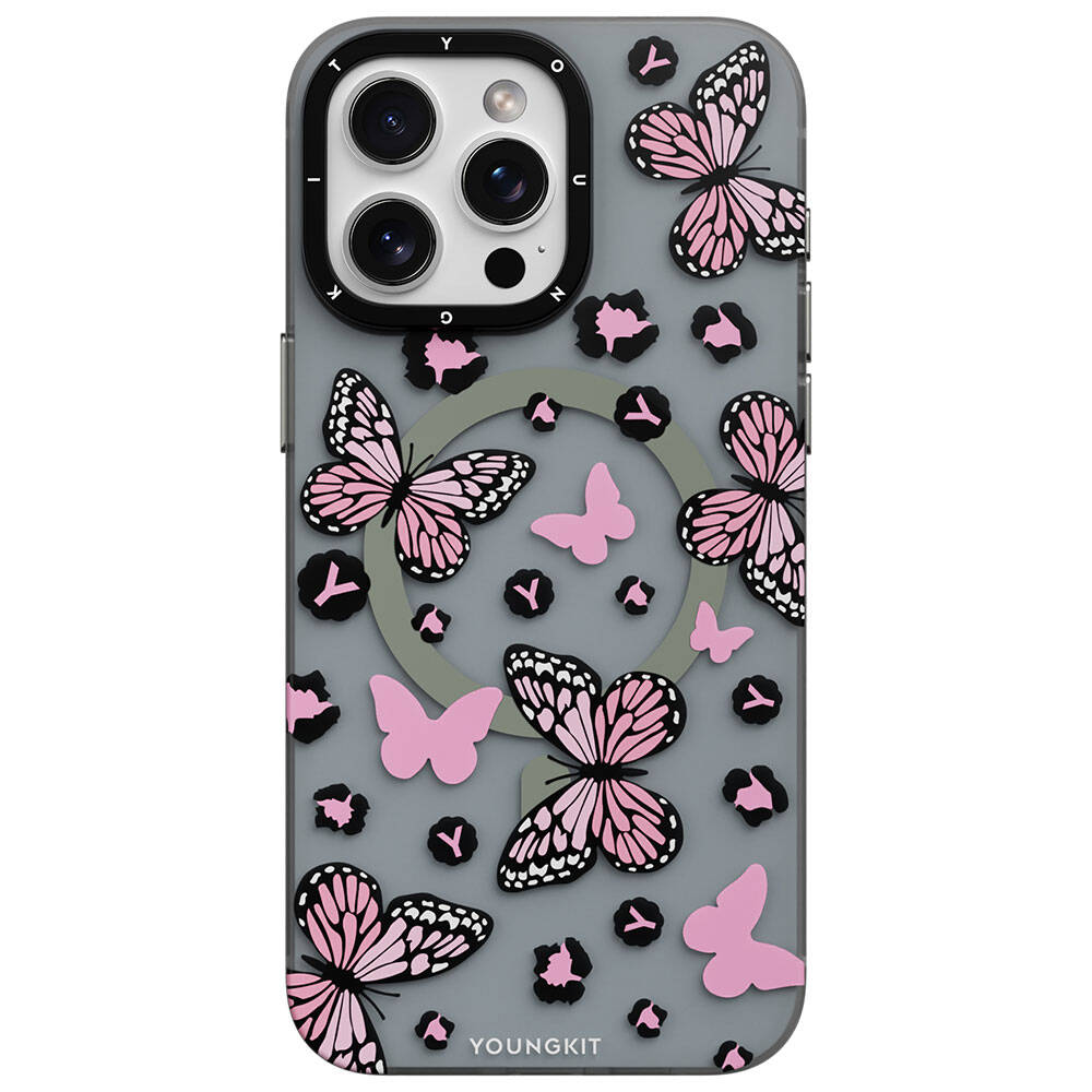 iPhone 14 Pro Max Kılıf M-safe Şarj Özellikli Kelebek Desenli Youngkit Shadow Dance Serisi Kapak