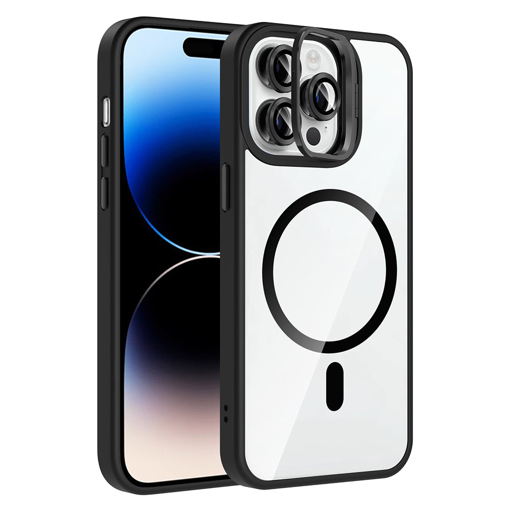 Apple iPhone 14 Pro Max Kılıf Standlı ve Kamera Lens Hediyeli M-Safe Şarj Özellikli Zore Etro Kapak