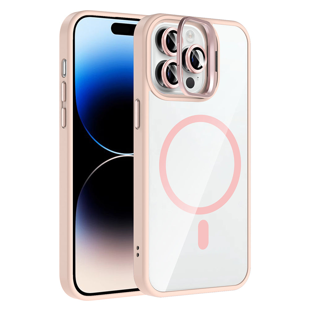 Apple iPhone 14 Pro Max Kılıf Standlı ve Kamera Lens Hediyeli M-Safe Şarj Özellikli Zore Etro Kapak