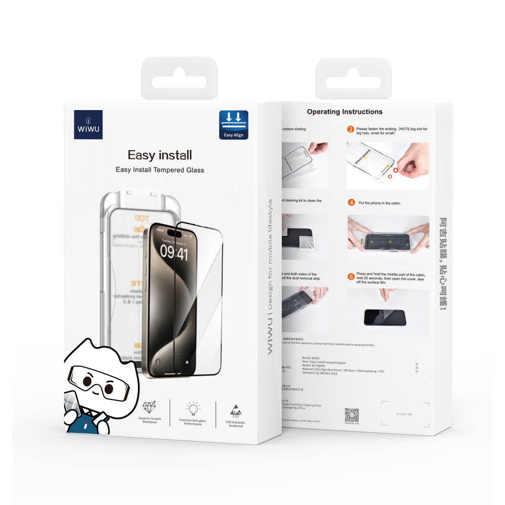 iPhone 14 Wiwu SQ-008 Oleofobik Easy Install Darbeye Karşı Dayanıklı Temperli Cam Ekran Koruyucu + Kolay Uygulama Aparatlı