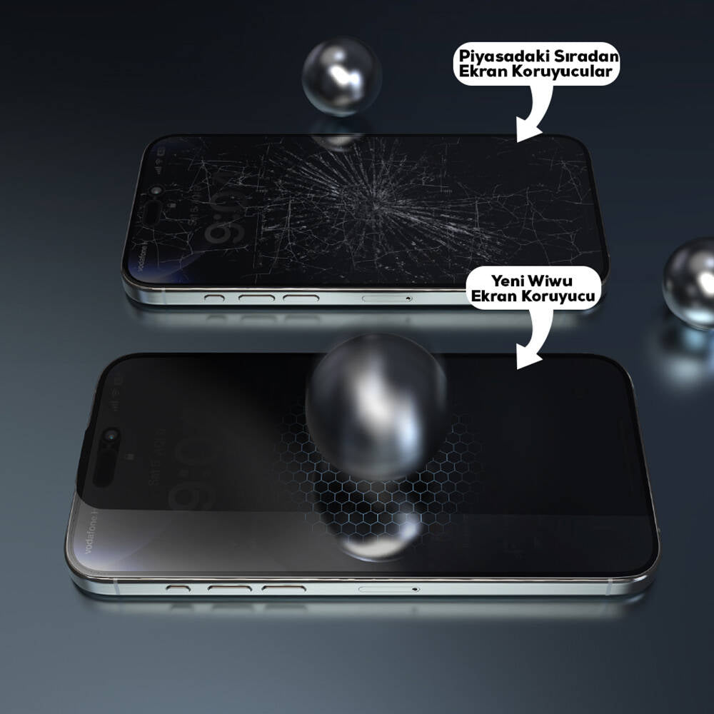 iPhone 14 Wiwu Wi-SQ009 Easy Install iPrivacy 360° Anti-Peep Oleofobik Temperli Cam Ekran Koruyucu + Kolay Uygulama Aparatlı