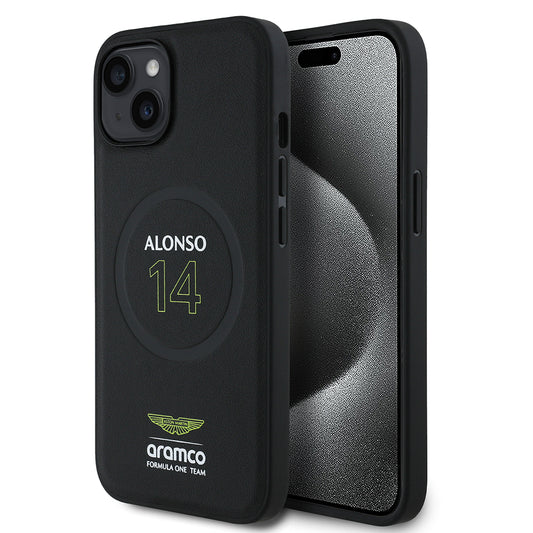 iPhone 15 Kılıf Aston Martin Orjinal Lisanslı M-safe Şarj Özellikli PU Deri Alonso 14 Baskılı Kapak