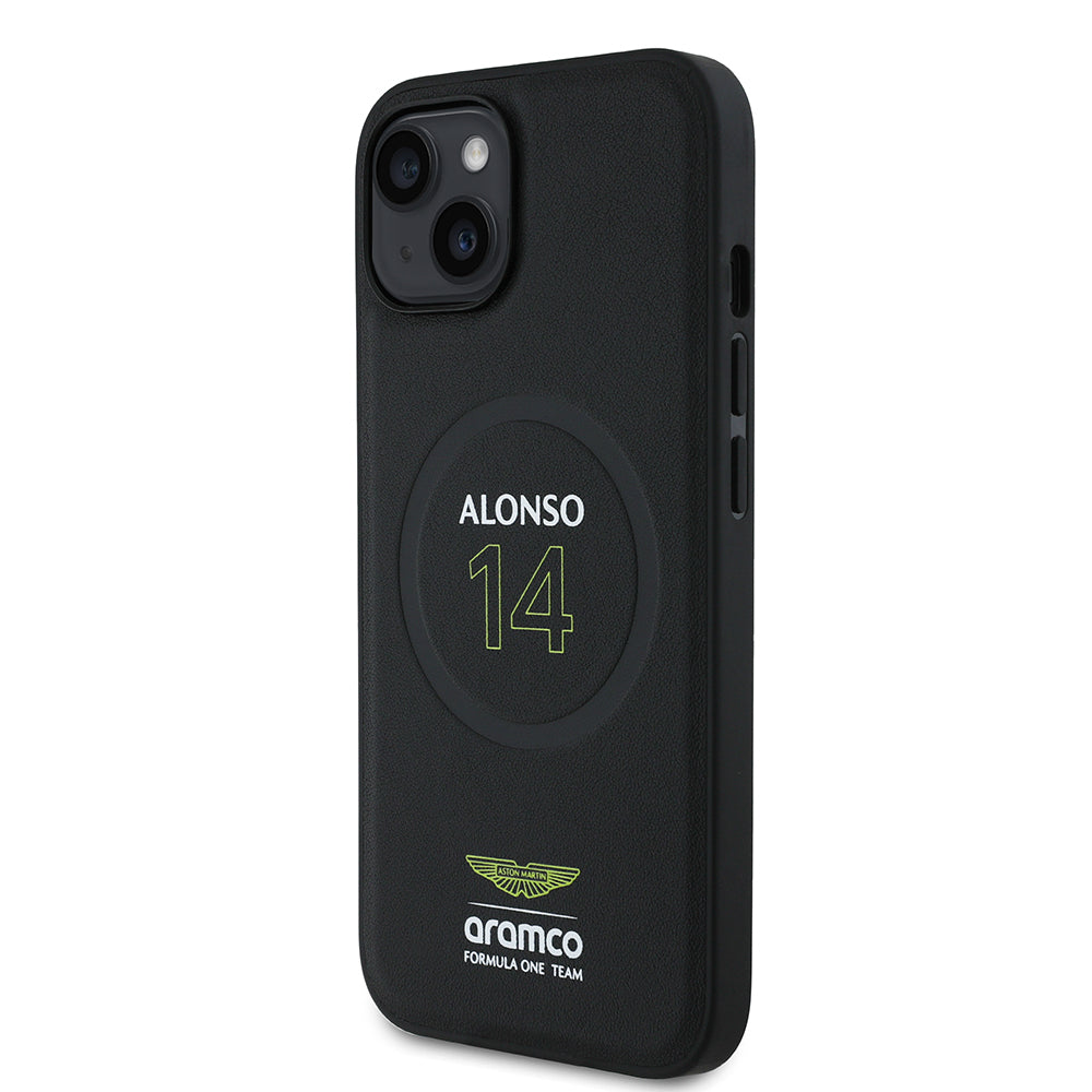 iPhone 15 Kılıf Aston Martin Orjinal Lisanslı M-safe Şarj Özellikli PU Deri Alonso 14 Baskılı Kapak