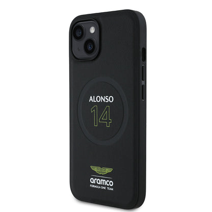 iPhone 15 Kılıf Aston Martin Orjinal Lisanslı M-safe Şarj Özellikli PU Deri Alonso 14 Baskılı Kapak