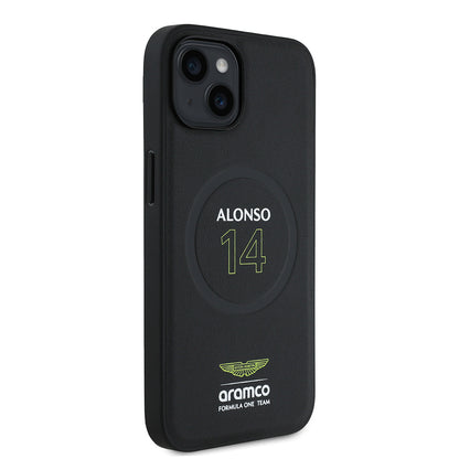 iPhone 15 Kılıf Aston Martin Orjinal Lisanslı M-safe Şarj Özellikli PU Deri Alonso 14 Baskılı Kapak