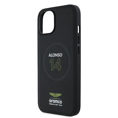 iPhone 15 Kılıf Aston Martin Orjinal Lisanslı M-safe Şarj Özellikli PU Deri Alonso 14 Baskılı Kapak
