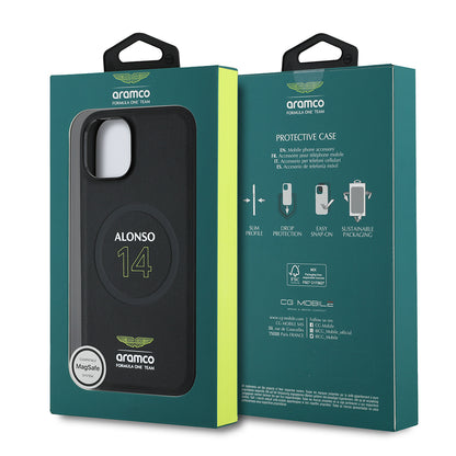 iPhone 15 Kılıf Aston Martin Orjinal Lisanslı M-safe Şarj Özellikli PU Deri Alonso 14 Baskılı Kapak
