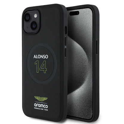 iPhone 15 Kılıf Aston Martin Orjinal Lisanslı M-safe Şarj Özellikli PU Deri Alonso 14 Baskılı Kapak