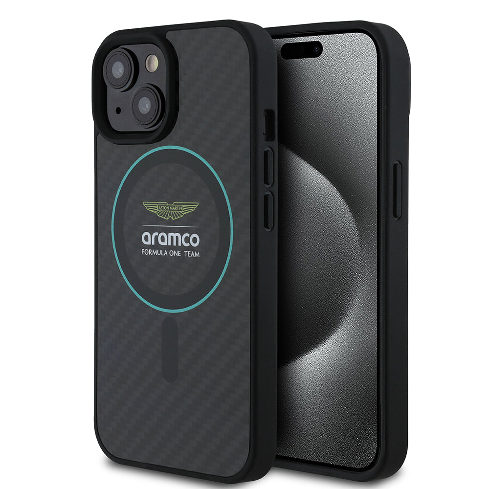 iPhone 15 Kılıf Aston Martin Orjinal Lisanslı M-safe Şarj Özellikli Renkli Halka ve Karbon Fiber Tasarımlı Kapak
