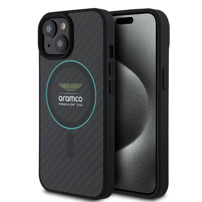 iPhone 15 Kılıf Aston Martin Orjinal Lisanslı M-safe Şarj Özellikli Renkli Halka ve Karbon Fiber Tasarımlı Kapak