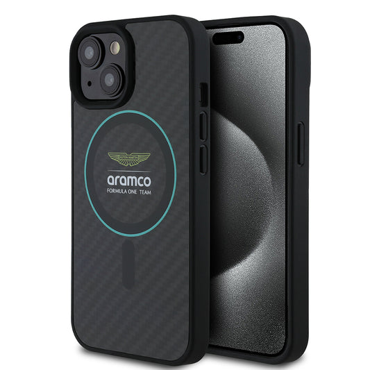 iPhone 15 Kılıf Aston Martin Orjinal Lisanslı M-safe Şarj Özellikli Renkli Halka ve Karbon Fiber Tasarımlı Kapak