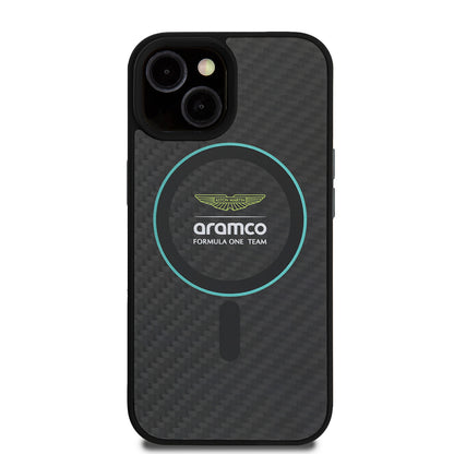 iPhone 15 Kılıf Aston Martin Orjinal Lisanslı M-safe Şarj Özellikli Renkli Halka ve Karbon Fiber Tasarımlı Kapak