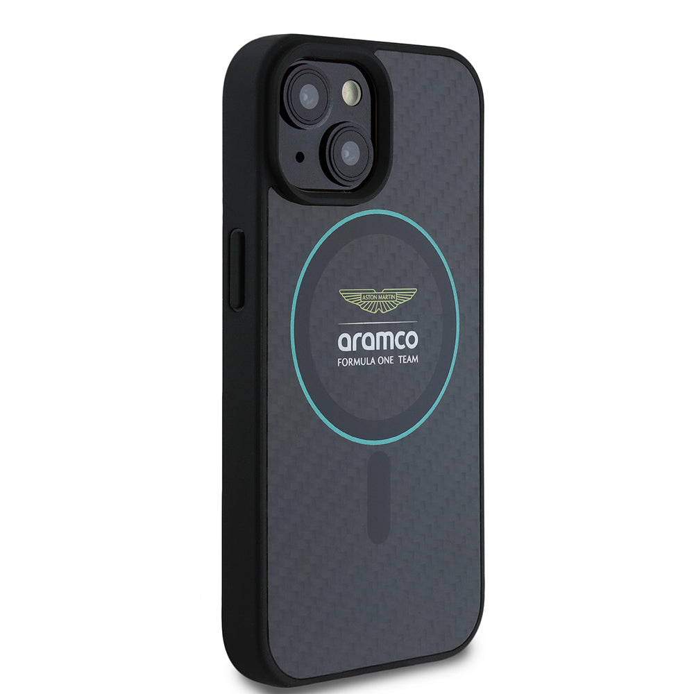 iPhone 15 Kılıf Aston Martin Orjinal Lisanslı M-safe Şarj Özellikli Renkli Halka ve Karbon Fiber Tasarımlı Kapak