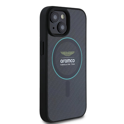 iPhone 15 Kılıf Aston Martin Orjinal Lisanslı M-safe Şarj Özellikli Renkli Halka ve Karbon Fiber Tasarımlı Kapak