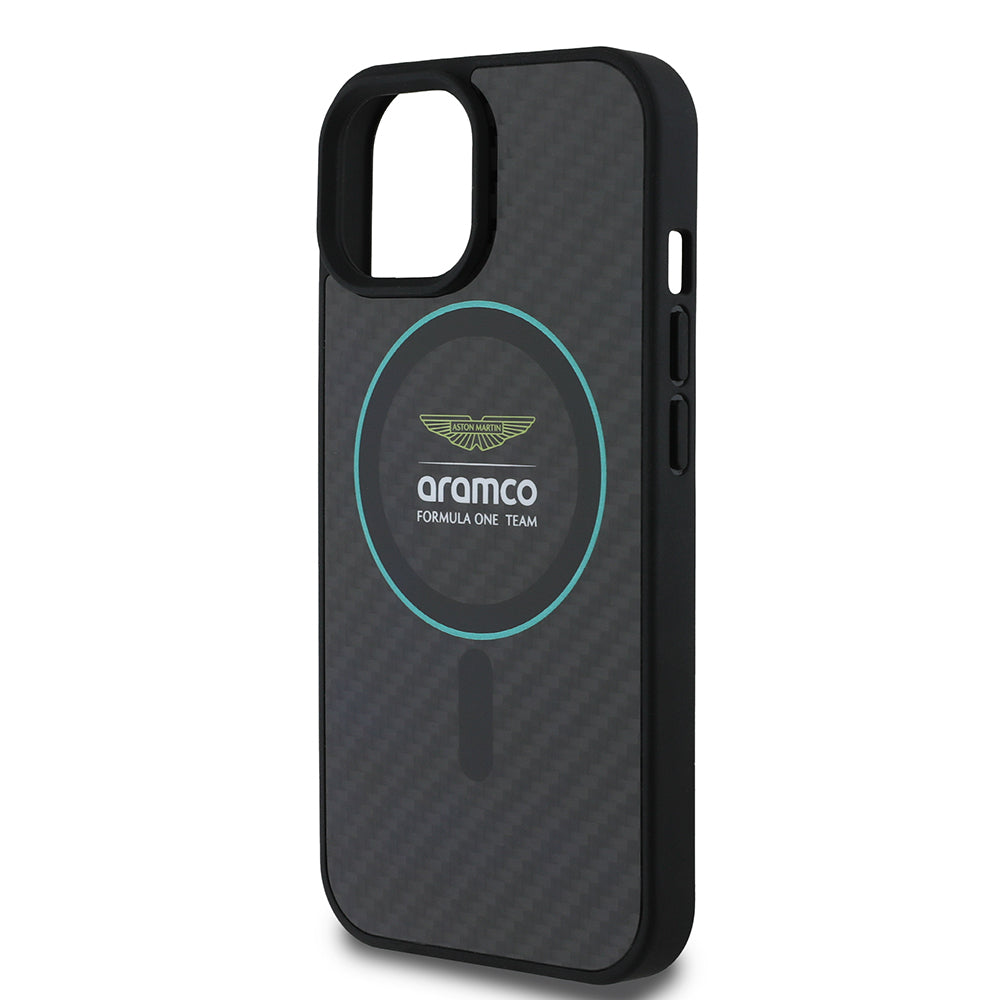 iPhone 15 Kılıf Aston Martin Orjinal Lisanslı M-safe Şarj Özellikli Renkli Halka ve Karbon Fiber Tasarımlı Kapak