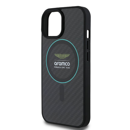 iPhone 15 Kılıf Aston Martin Orjinal Lisanslı M-safe Şarj Özellikli Renkli Halka ve Karbon Fiber Tasarımlı Kapak